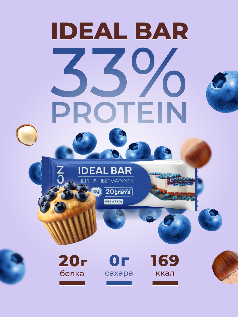 Протеиновые батончики GEON IDEALBAR  Черничный маффин, 33% белка (60г х 10шт.)